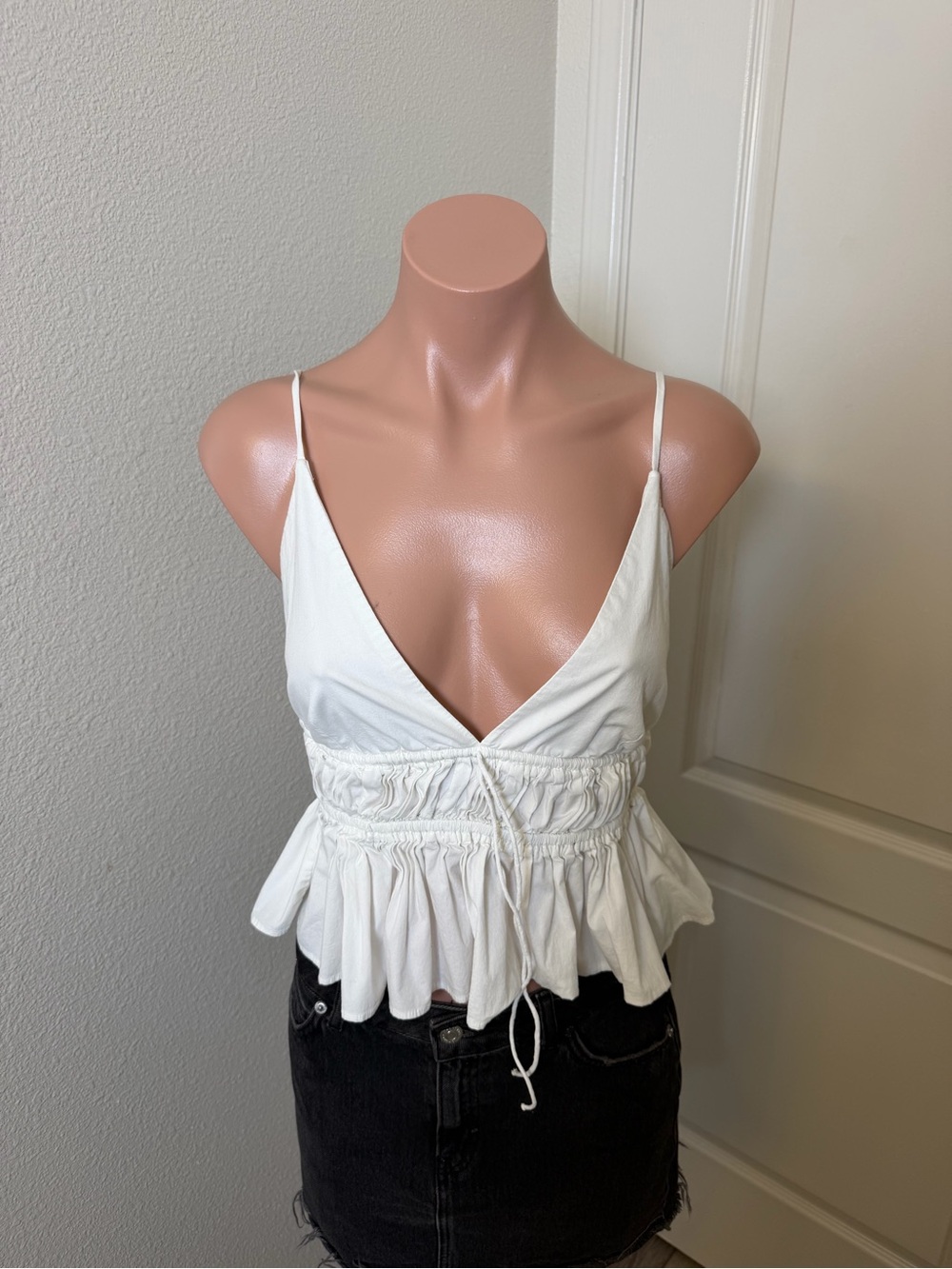 Wayf White Ruched Peplum V-Neck Crop Top